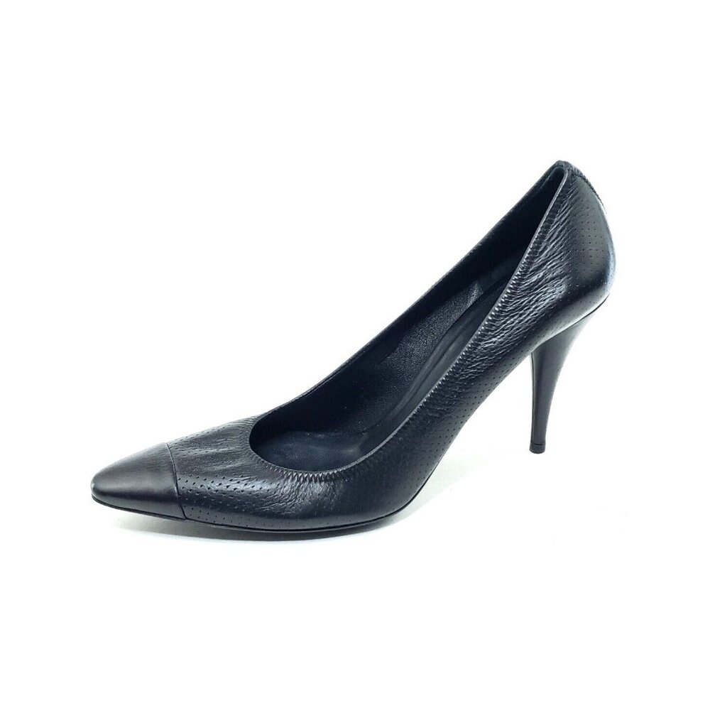 Prada Pumps Heel Pointed Toe Black Leather Perforated Womens US 9.5